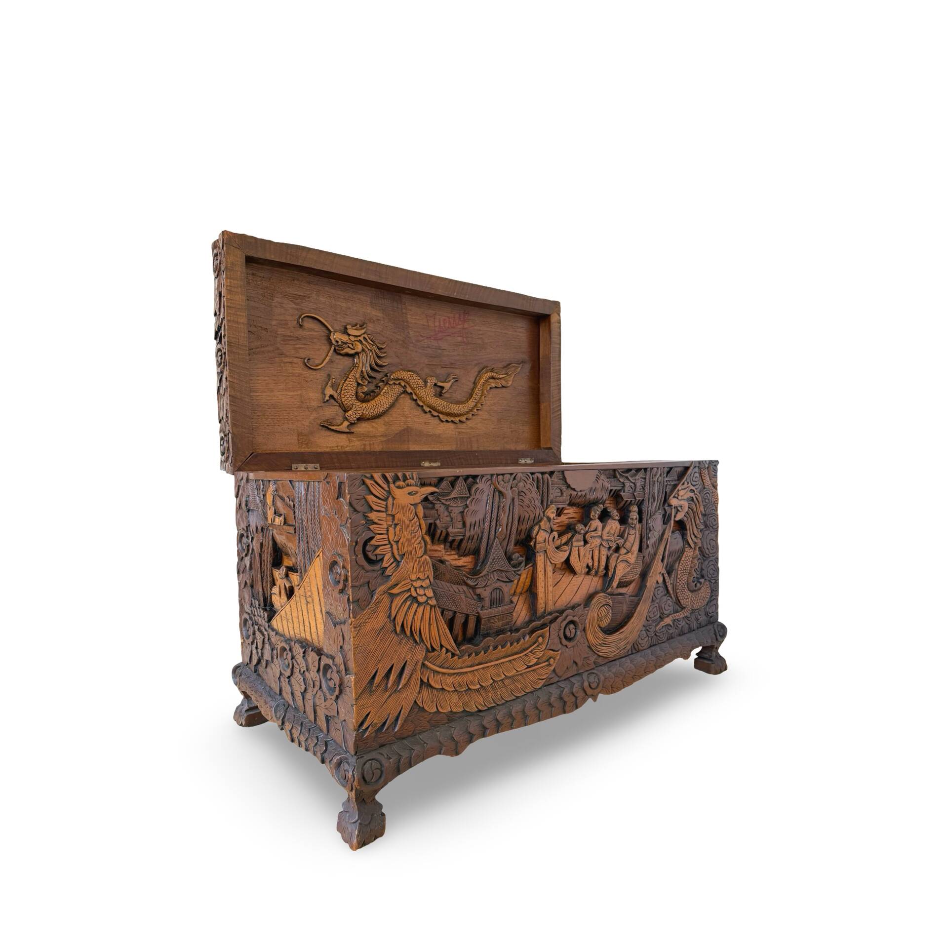 Antique Chinese Carved Export Chest – Dragon, Phoenix & Landscape Deco