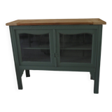 Console, sideboard, shallow display case sublimated in smoky green, wooden top.