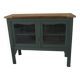 Console, buffet, vitrine peu profond sublimé en vert fumé, plateau bois.