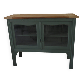 Console, buffet, vitrine peu profond sublimé en vert fumé, plateau bois.