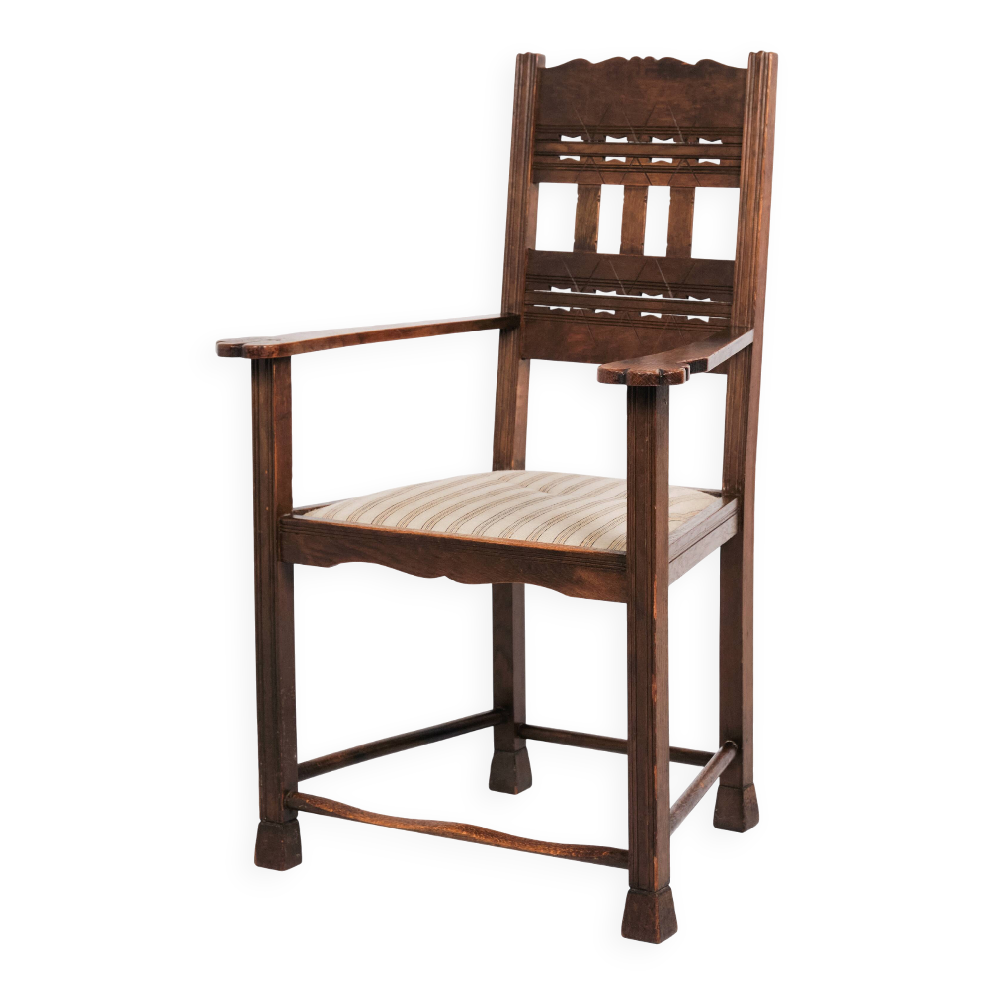 Antique armchair - oak - striped upholstery - 1930s