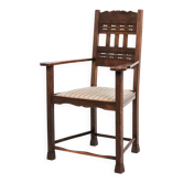 Antique armchair - oak - striped upholstery - 1930s