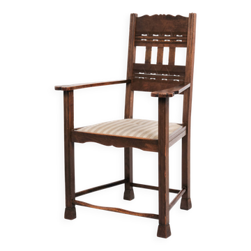 Fauteuil ancien - chêne - tapisserie rayée - années 1930