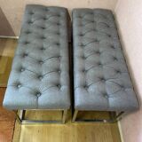 Pair of benches in chrome metal and padded gray fabric
