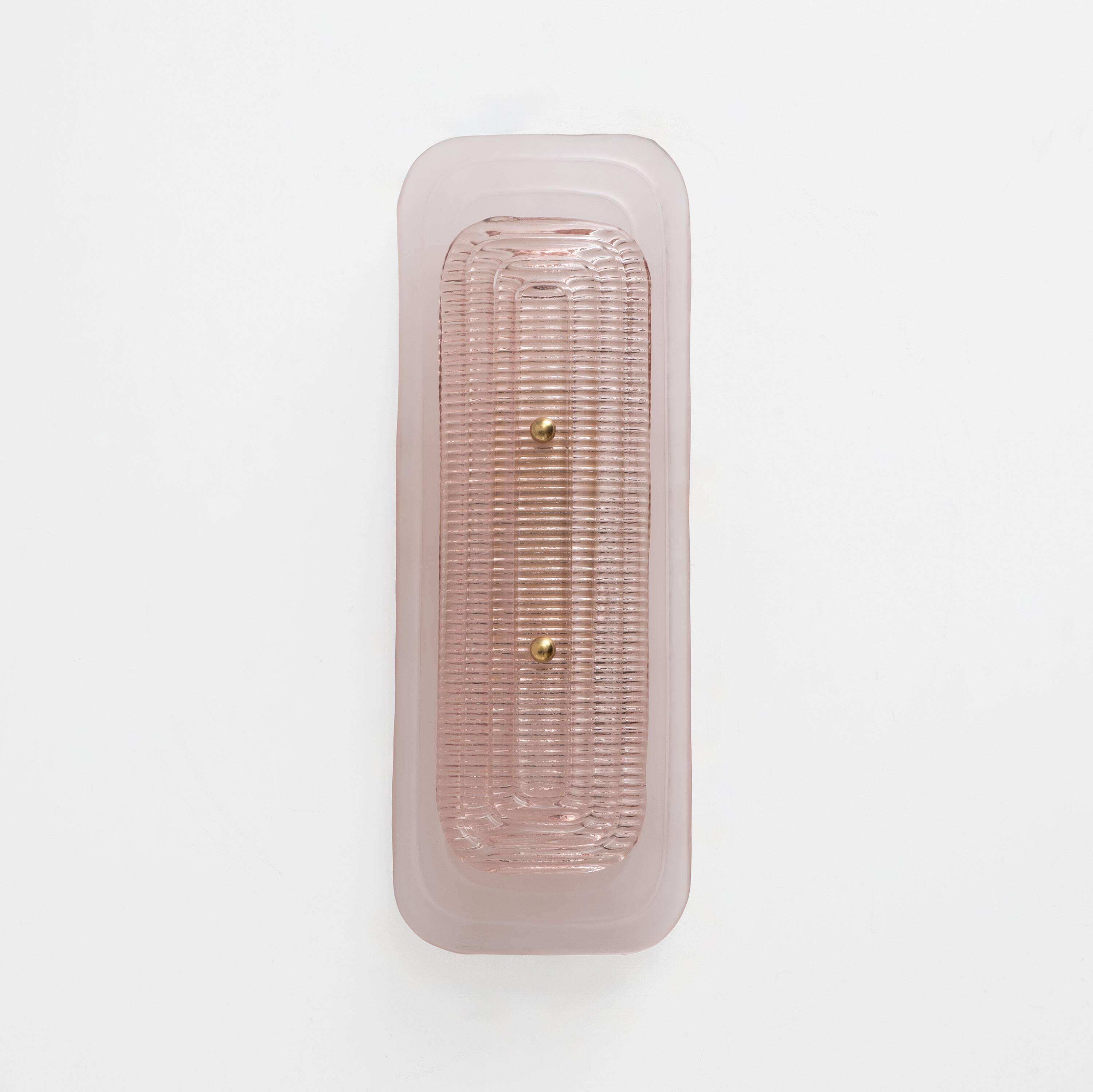 Pair of Art Deco Sconces in Matte and Glossy Pink Murano Glass and Brass