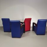 4 x Vintage Ying lounge chairs / fauteuils van Hugues Chevalier,'90. 3 x blue / 1 x red leather