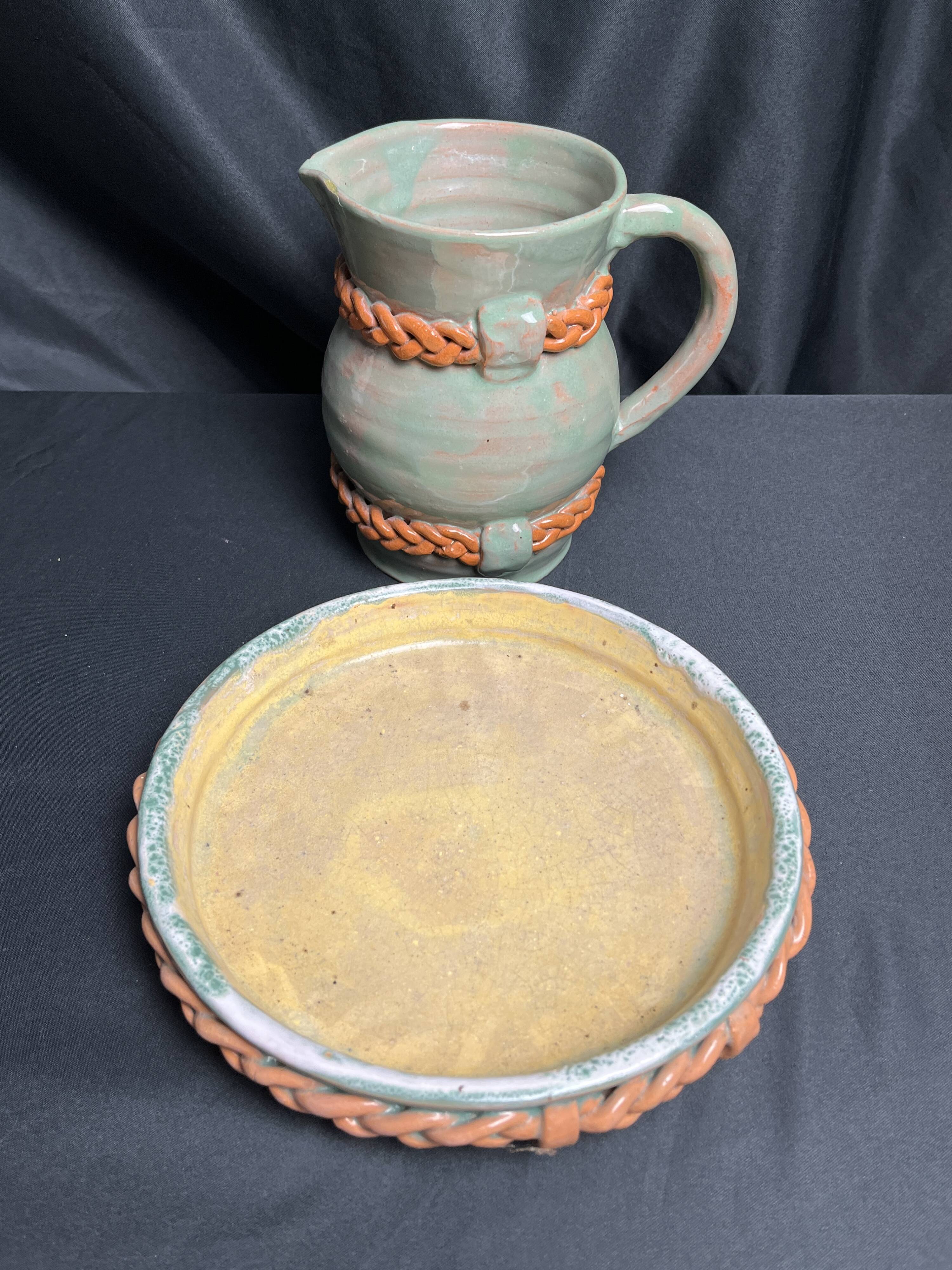 Vintage set of pitcher and saucer, Puisaye stoneware, 20th century