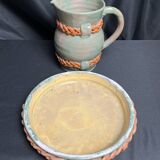 Vintage set of pitcher and saucer, Puisaye stoneware, 20th century