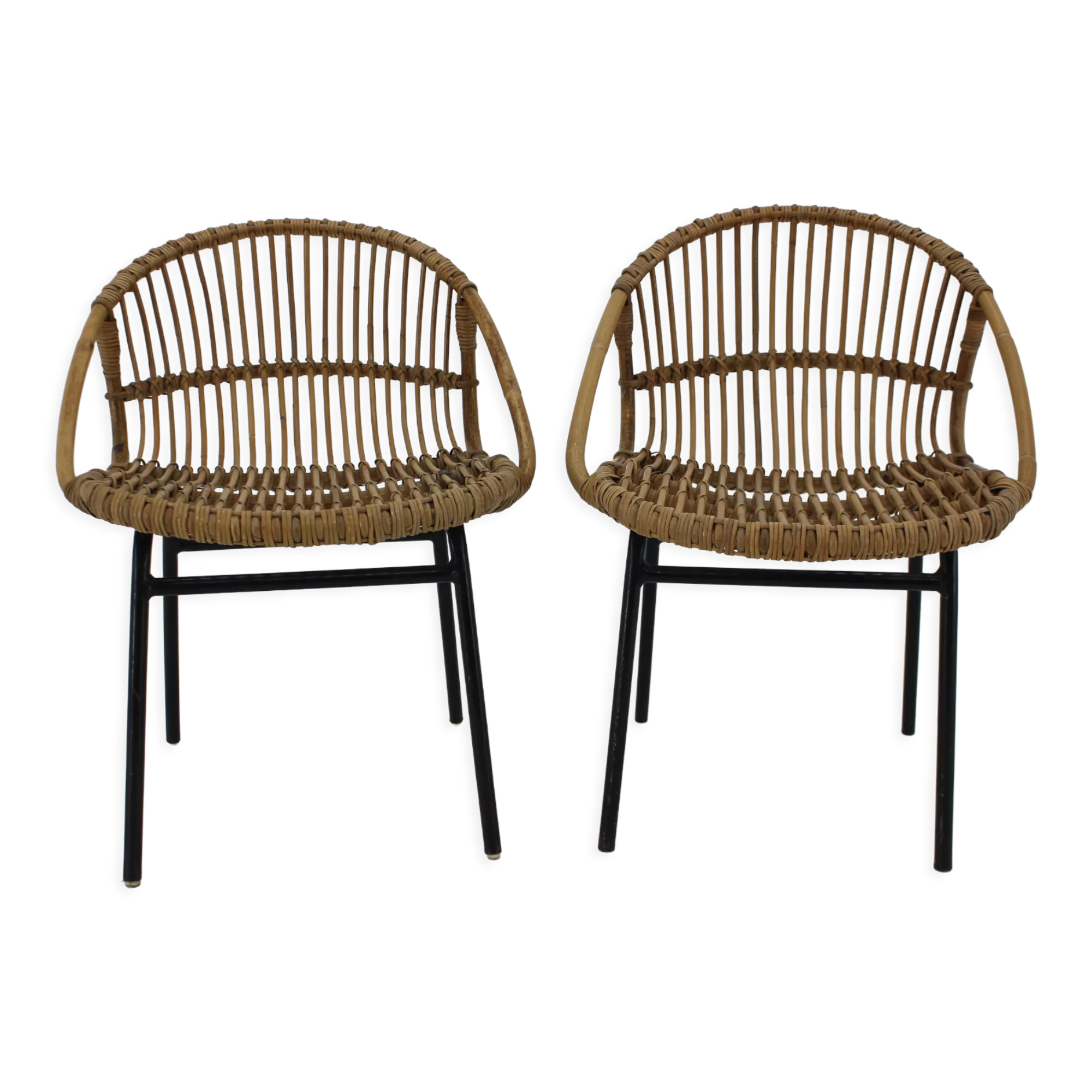 1970s pair of Alan Fuchs rattan and iron lounge chairs, Czechoslovakia