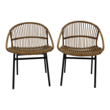 1970s pair of Alan Fuchs rattan and iron lounge chairs, Czechoslovakia