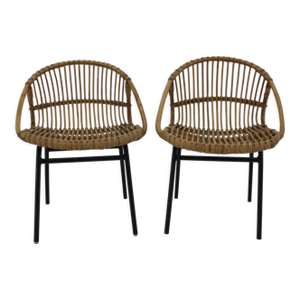 1970s pair of Alan Fuchs rattan and iron lounge chairs, Czechoslovakia