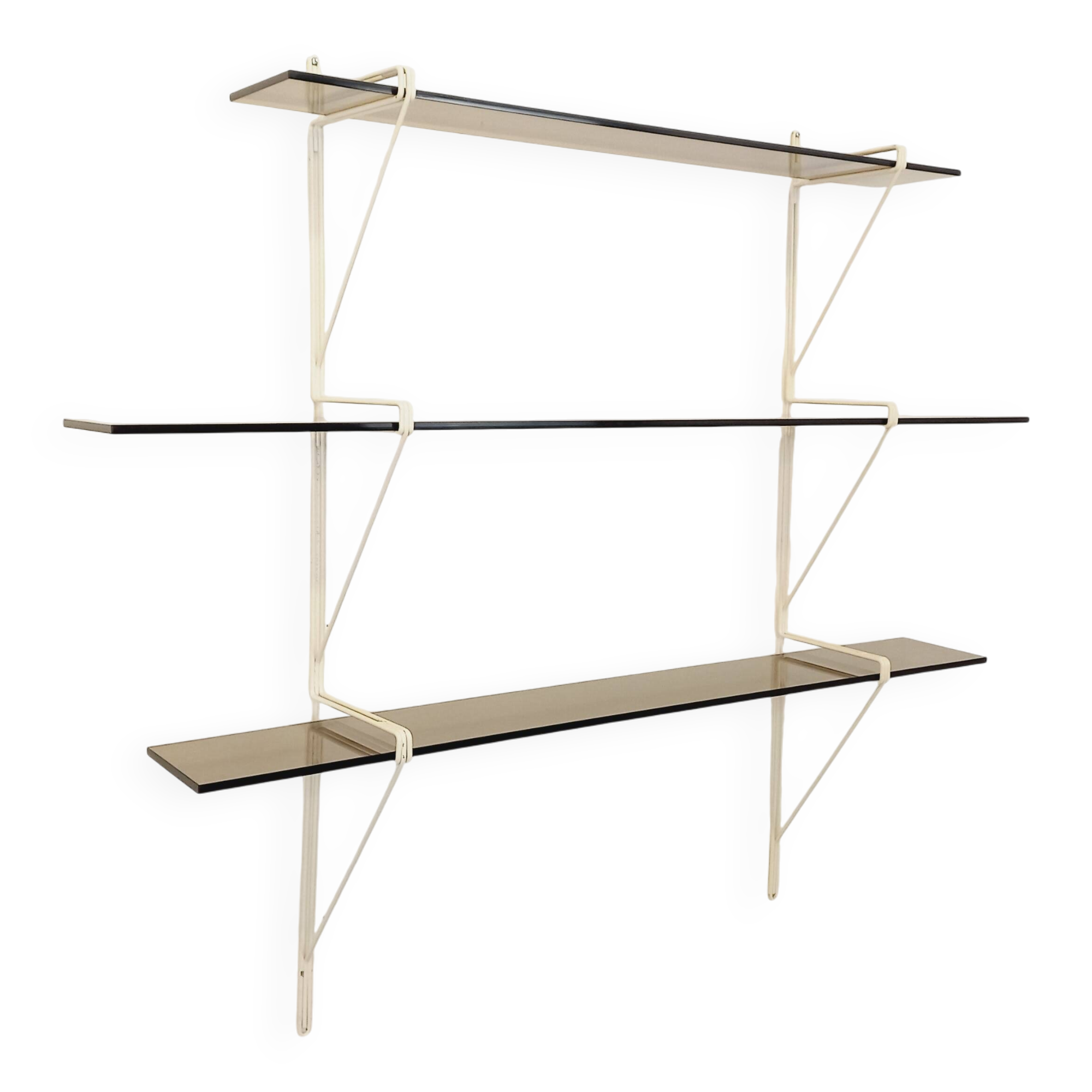 Large vintage wall shelf in smoked glass and white metal in String style.