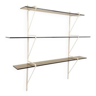 Large vintage wall shelf in smoked glass and white metal in String style.