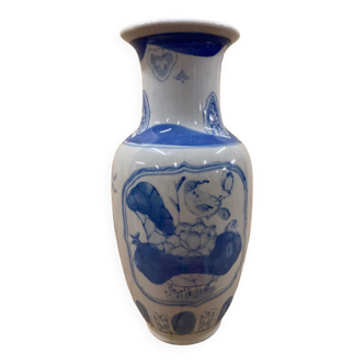 Vase chinois blanc et bleu motifs fleurs et oiseau vintage