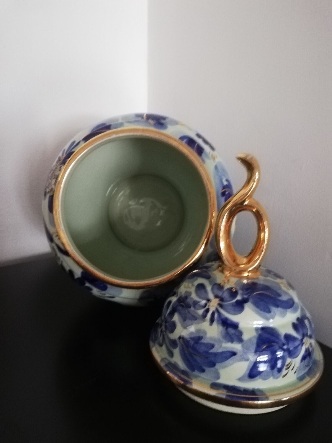 White and blue potiche bequet quaregnon