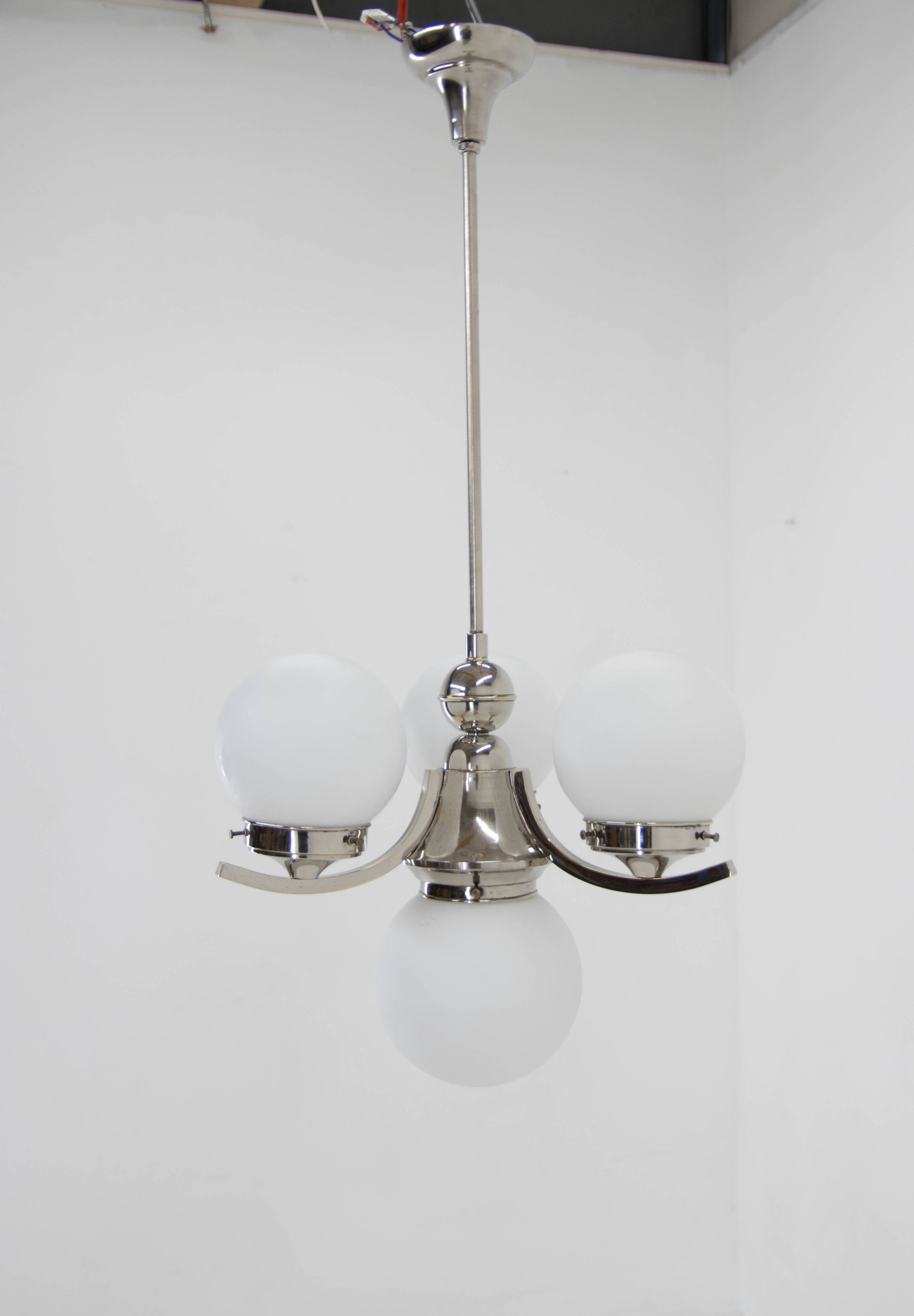 Art deco nickel and glass chandelier, 1930s