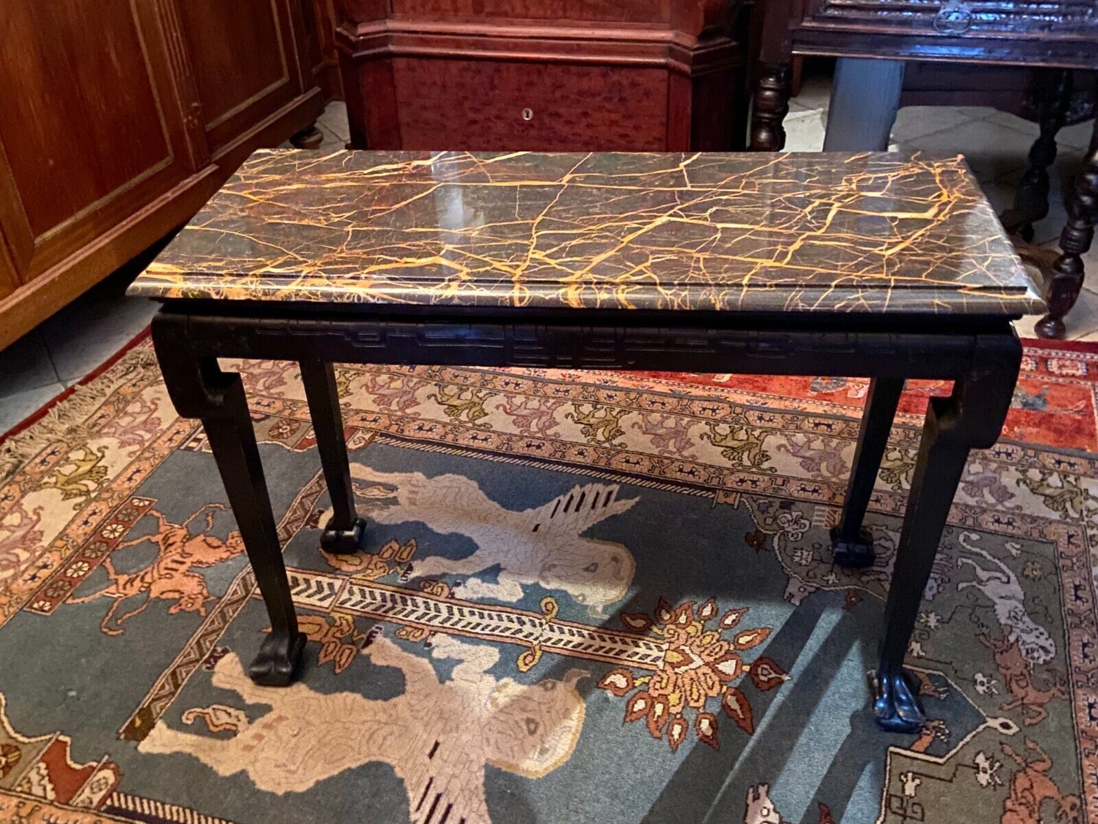 Console sofa back solid wood carved marble yellow vein Indochina late nineteenth