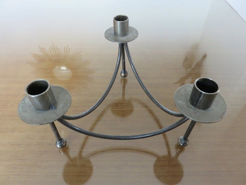 Tripod candlestick in crude steel for 3 candles 70s