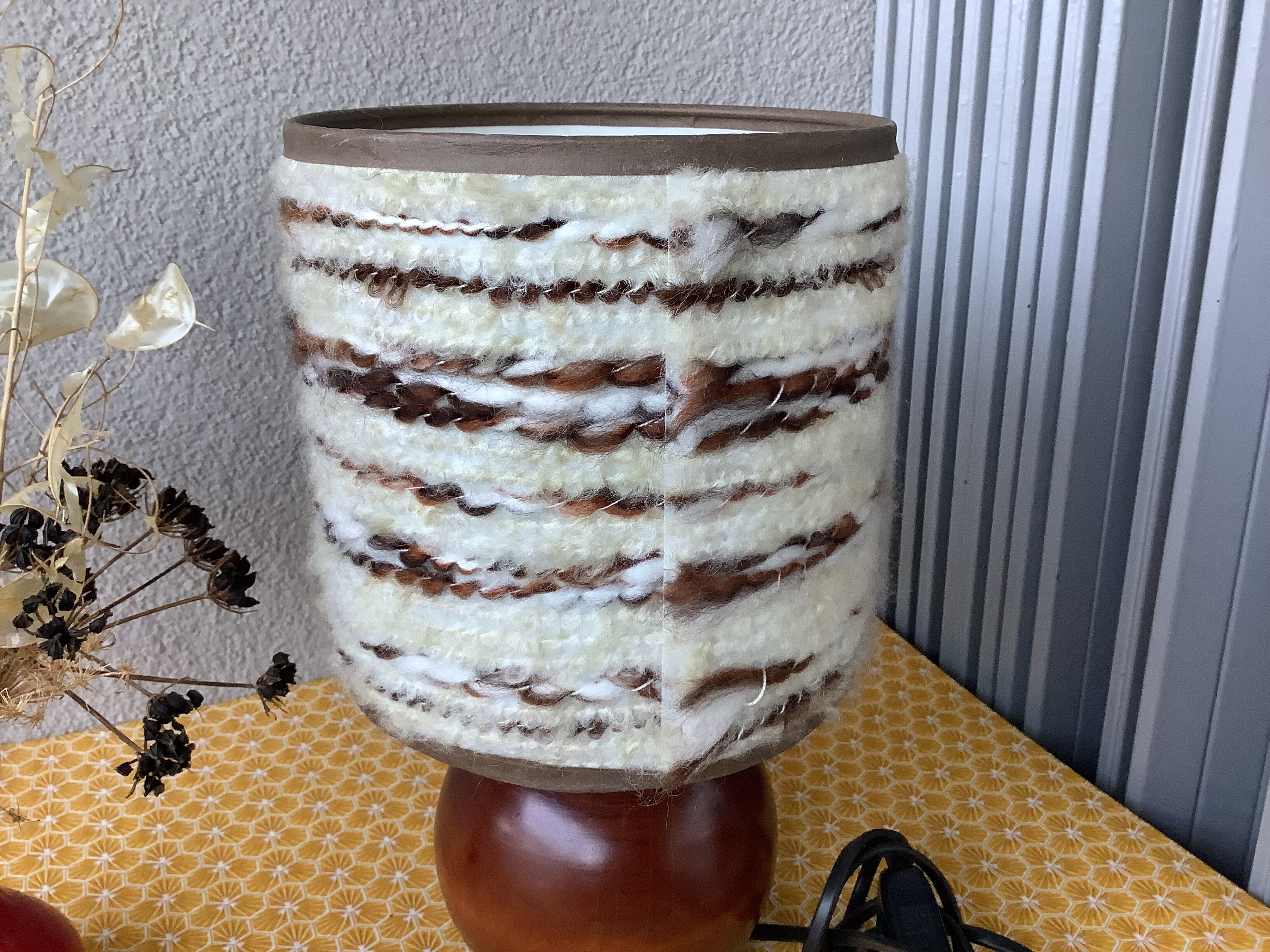 Seventies wood lamp and hippy chic wool lampshade
