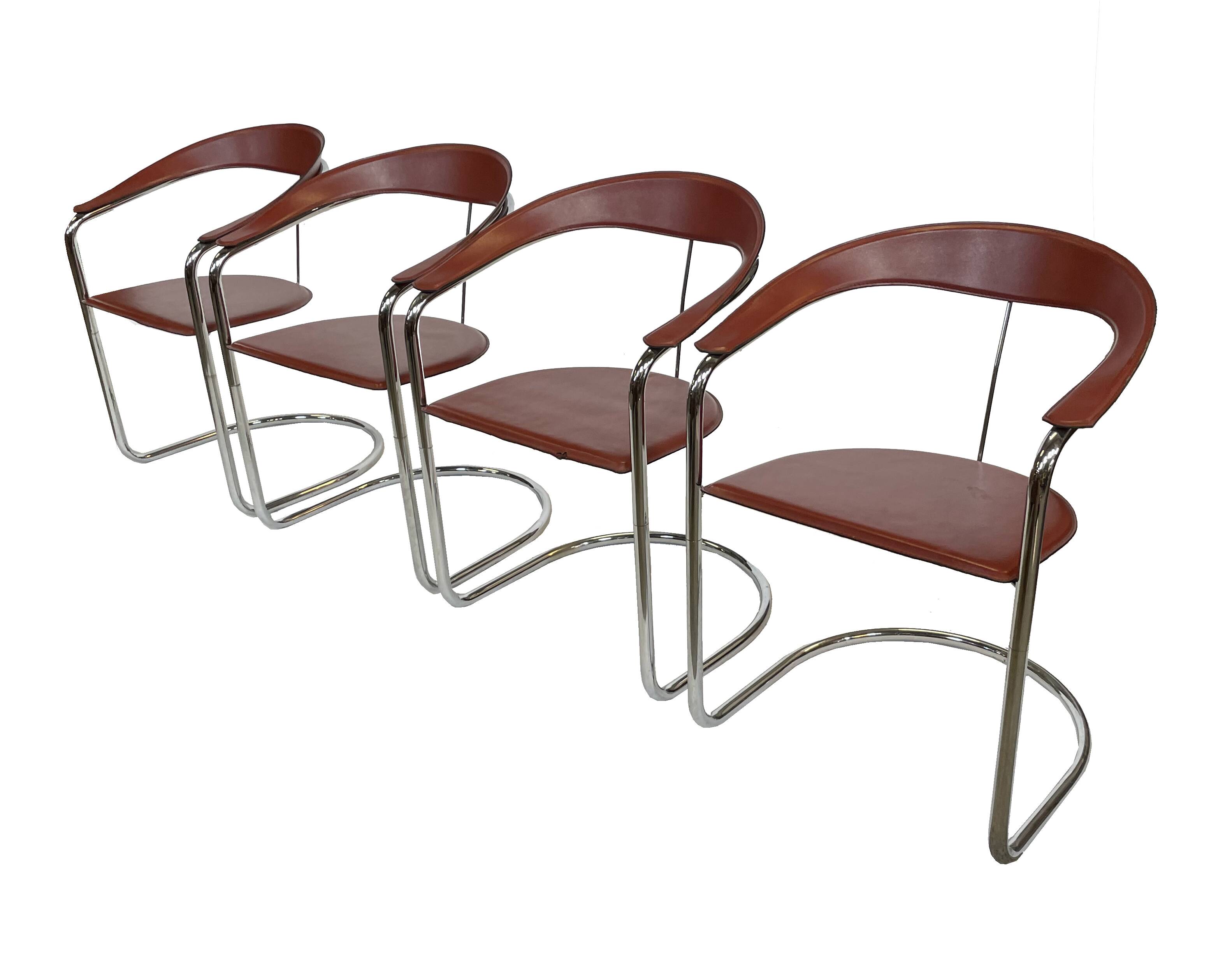 Set of 4 design cantilever chairs cognac leather and chrome design