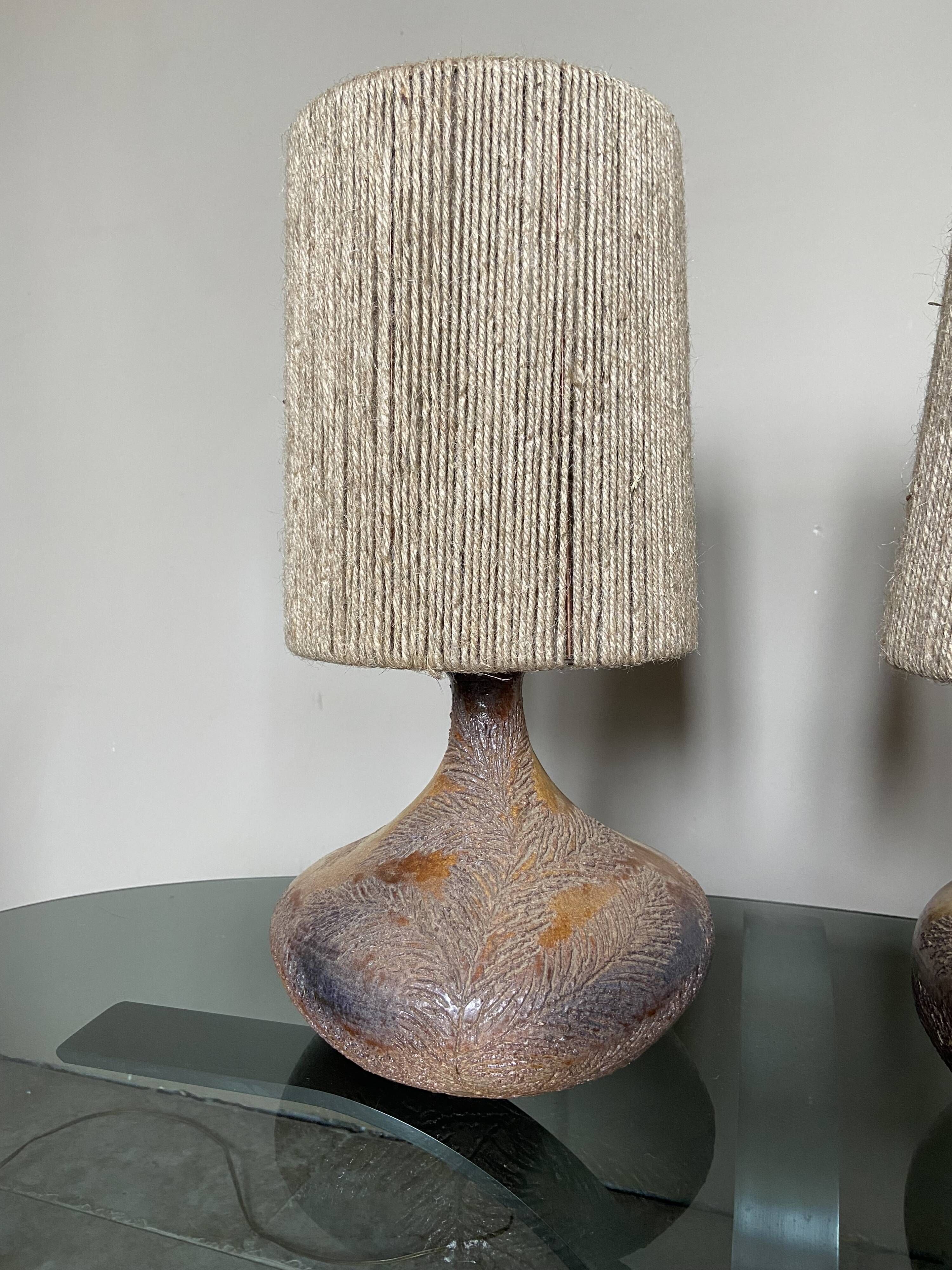Pair of vintage Vallauris scarified seagrass stoneware lamps and rope lampshade