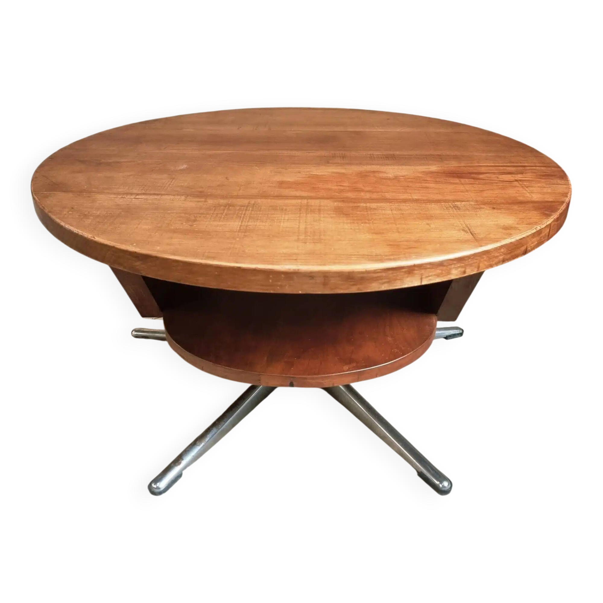 Vintage French Cherry Wood Coffee Table with Rotating Top - 1960s Round Shape on Iron Base Ø80cm
