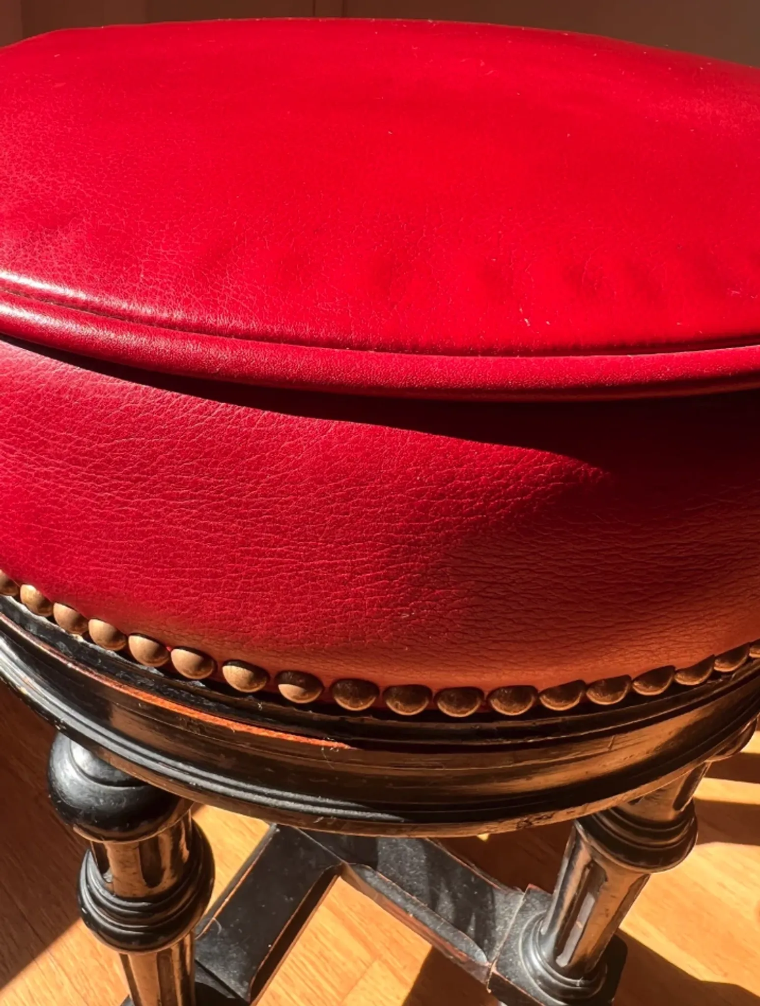 Napoleon III Piano Stool, French Red Velvet Ebonized Wood Accent Seat,
