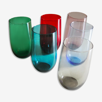 Series of 6 old soda or orangeade glasses in colored glass