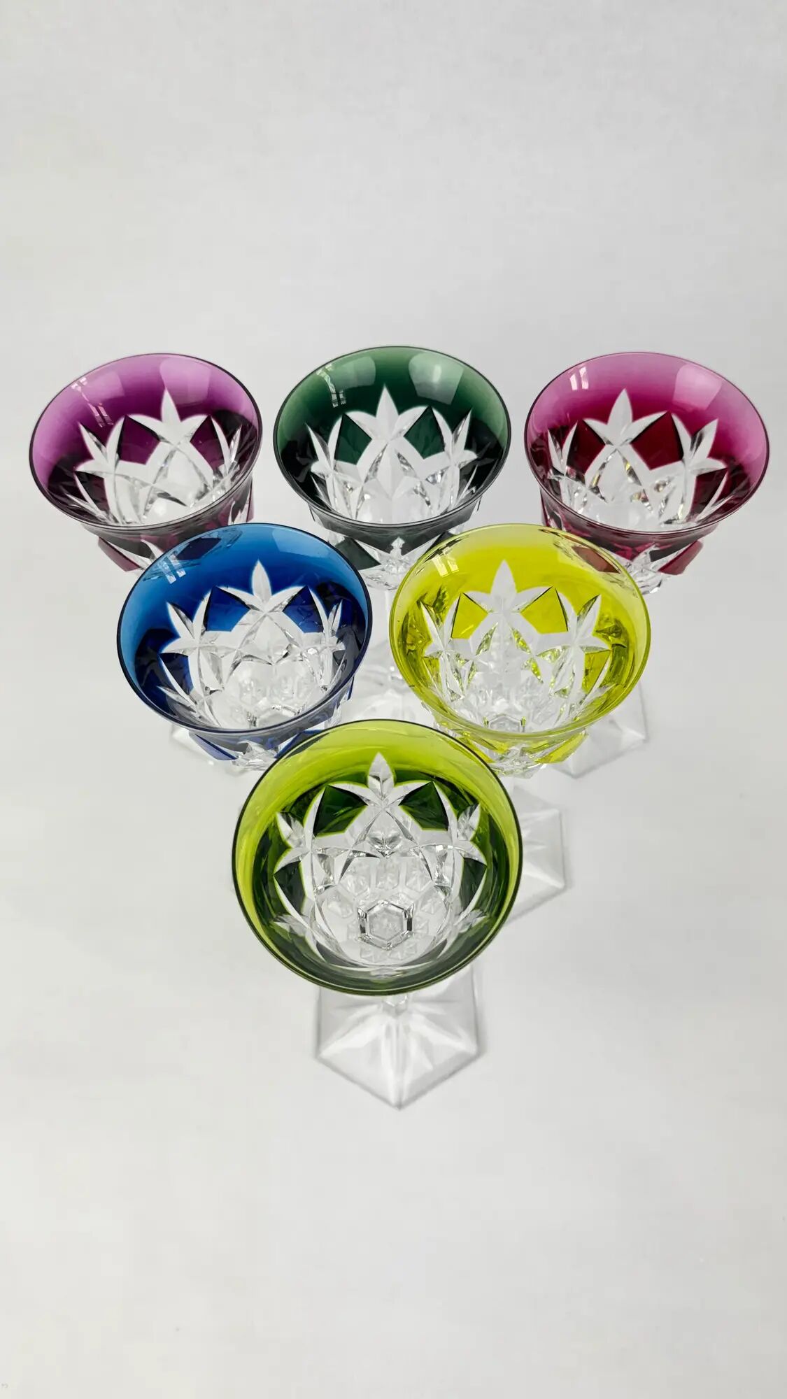 Val Saint Lambert, 6 coloured crystal Roemer glasses, 19 cm