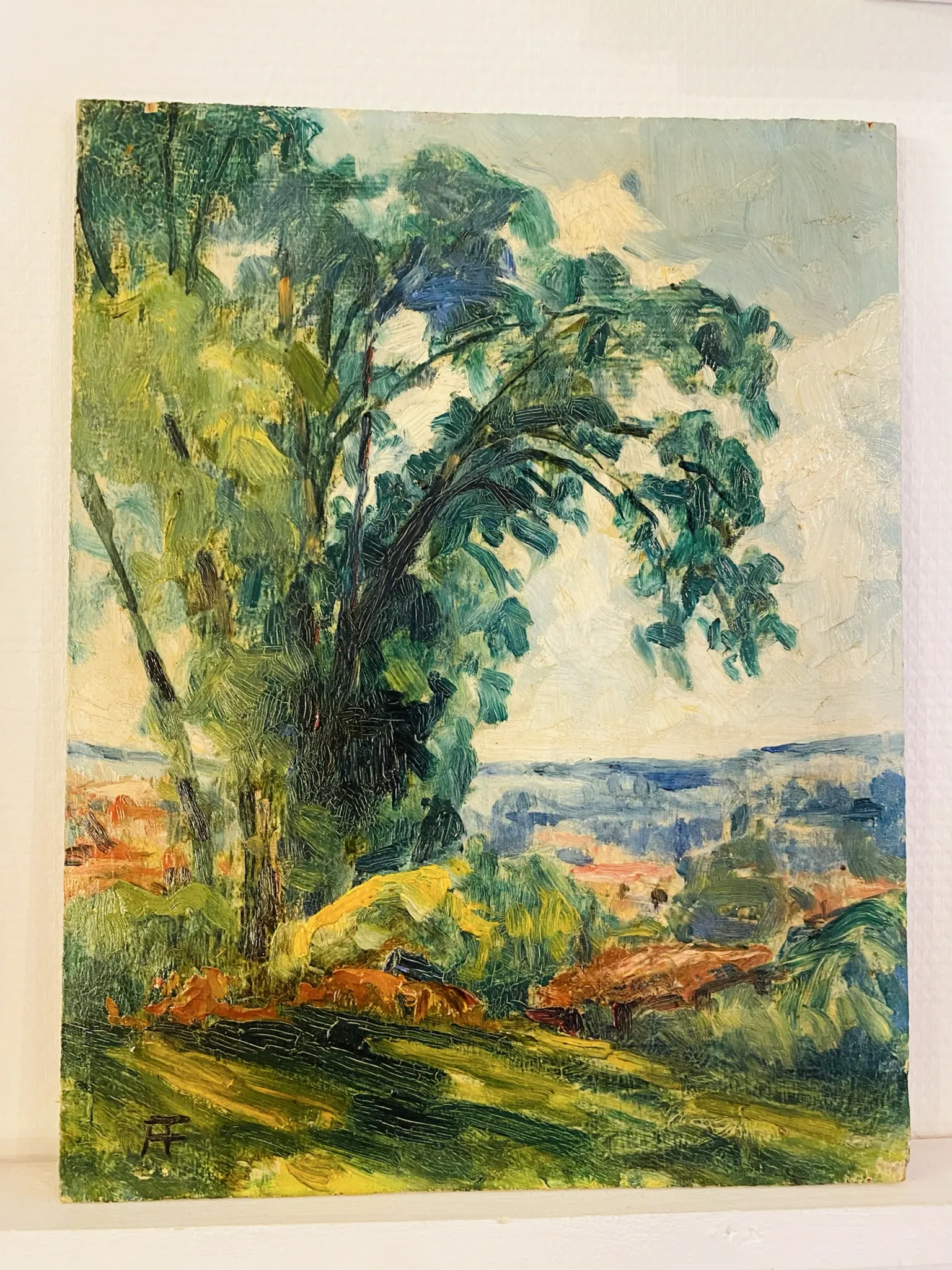 Oil on wood early 20th century countryside view