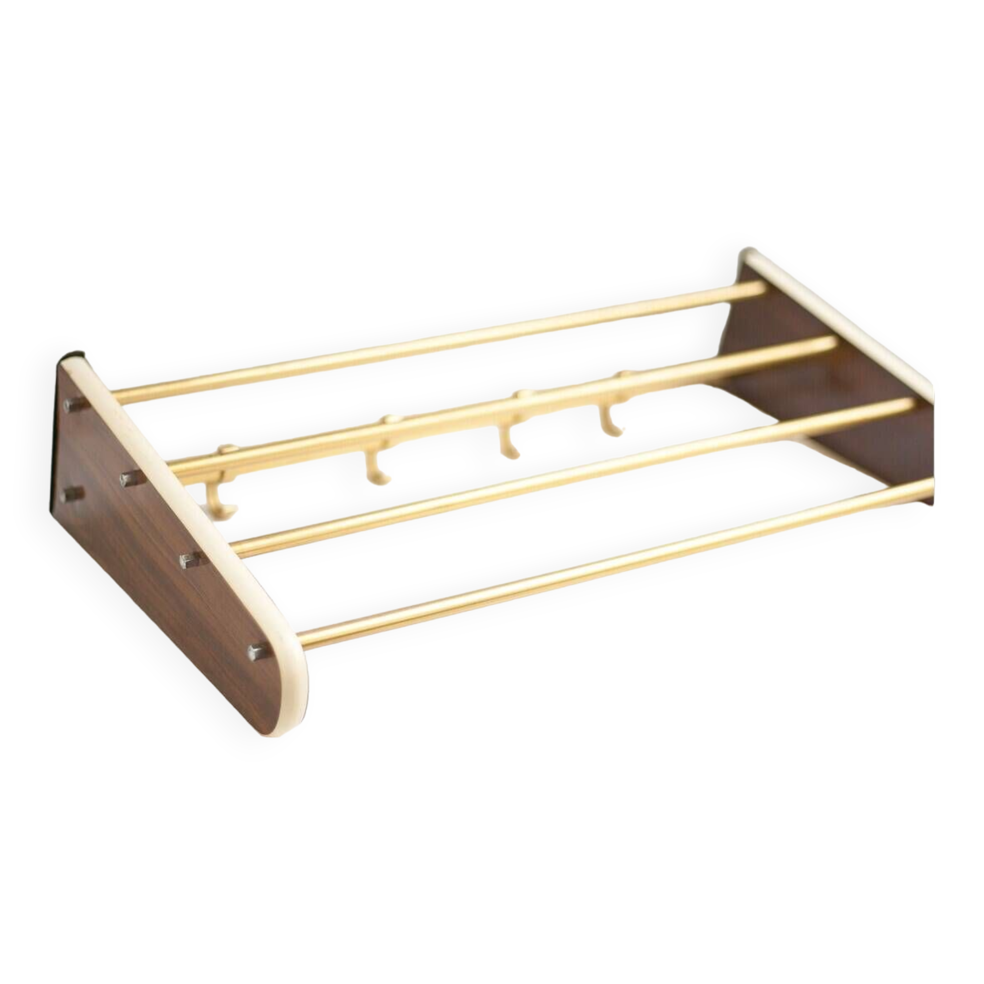 vintage formica and brass coat rack, cloakroom, hooks, hanger, shelf, hooks, coat hooks, decoration