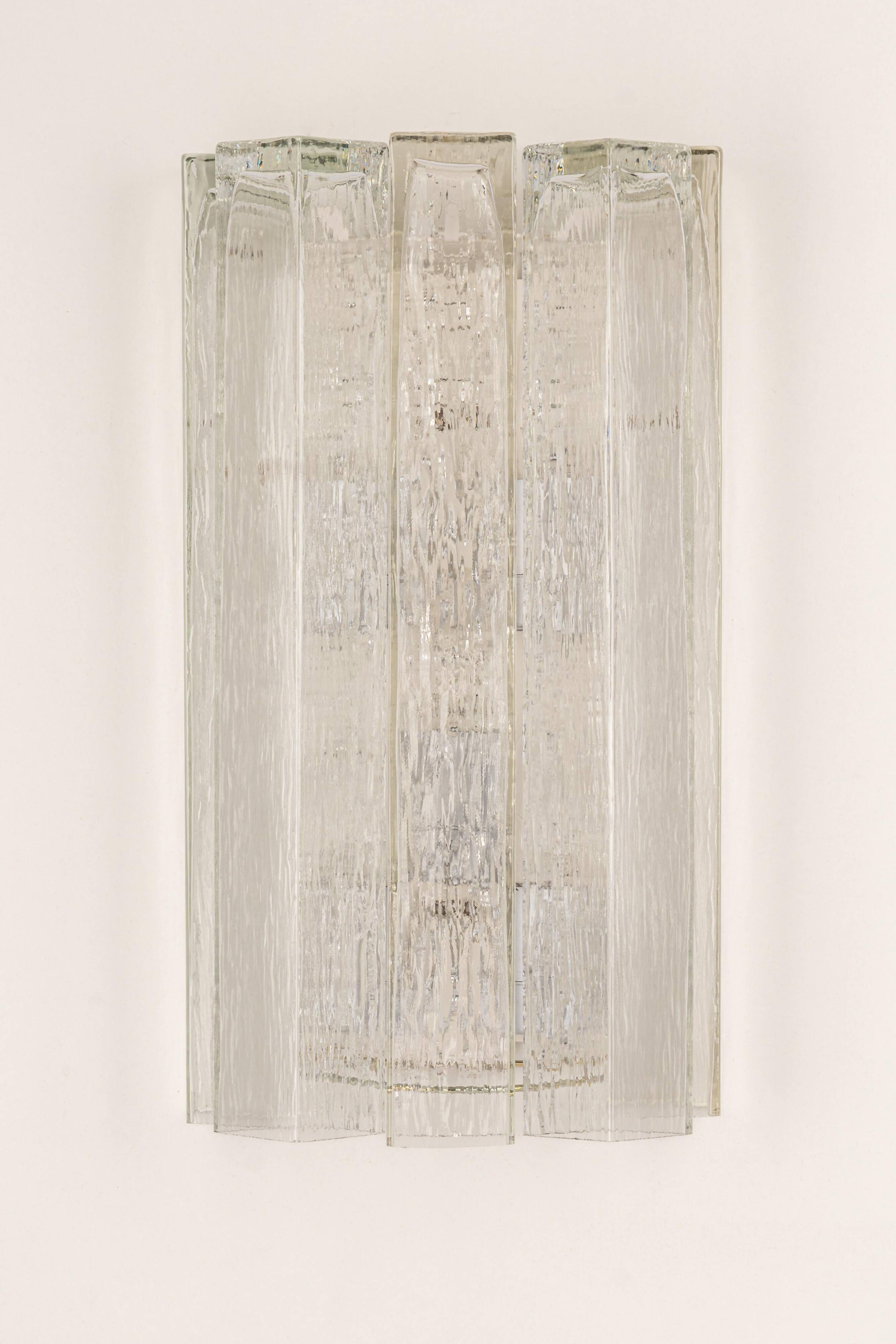 Large pair of wall sconces in brass and Murano glass by Doria, Germany, 1960s.