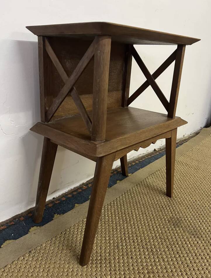 Bedside table with crossbars, vintage compass legs