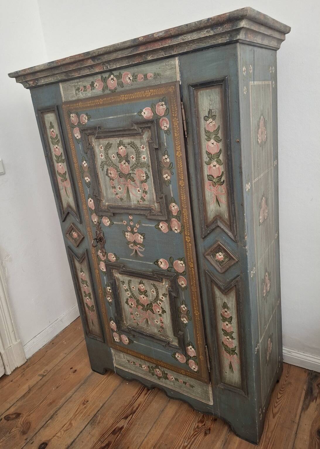 Antique blue hand-painted small Alpine wardrobe, circa 1810-20