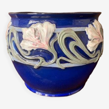 Art Nouveau pot cover in midnight blue ceramic, 1920