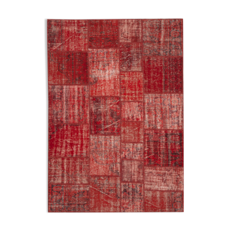 Hand-knotted oriental overdyed 177 cm x 248 cm red patchwork rug