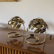 Hollywood regency set of 2 brass leaves table lamps, Bottega Gadda Italy, 1970s