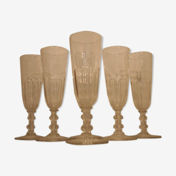 Set de 6 flutes a champagne cristal taillé cotes plates Baccarat Saint Louis 19ème