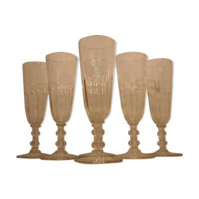 Set de 6 flutes a champagne cristal taillé cotes plates Baccarat Saint Louis 19ème