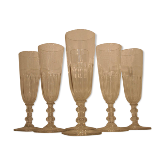 Set de 6 flutes a champagne cristal taillé cotes plates Baccarat Saint Louis 19ème