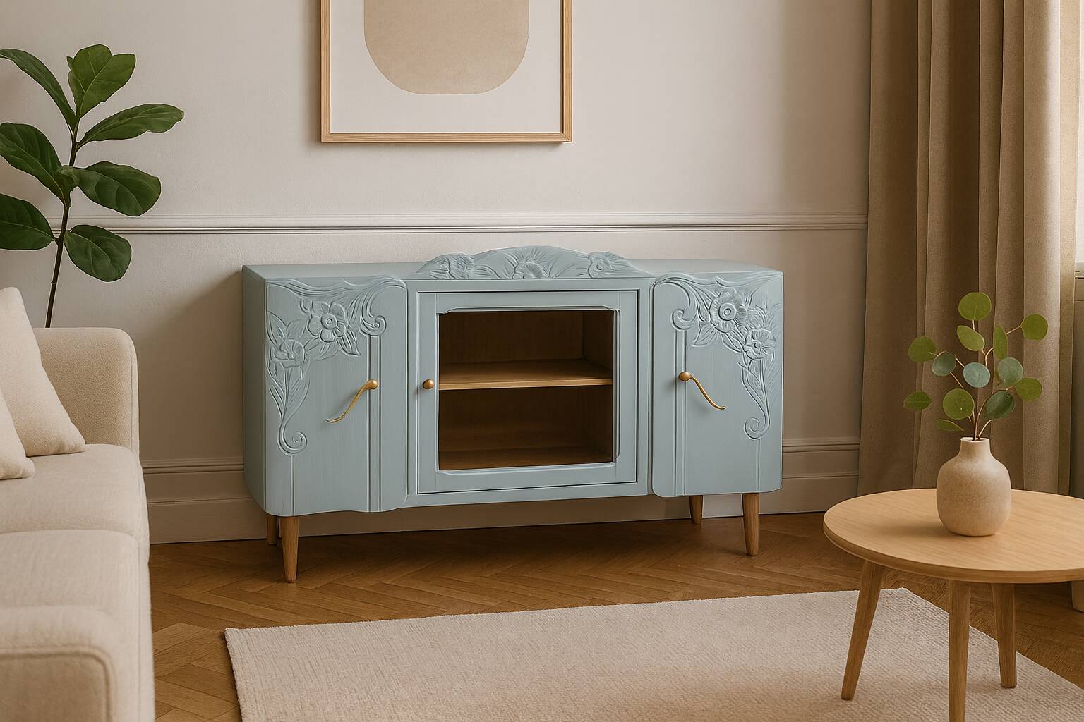 Renovated vintage low sideboard - Unique piece of furniture with floral moldings