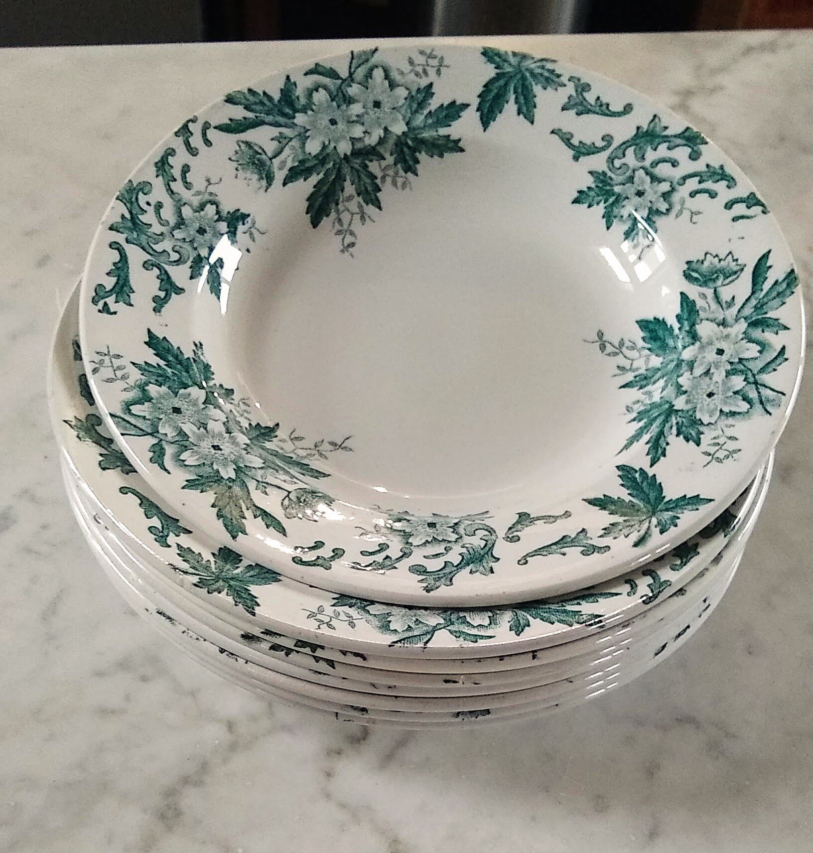 8 hollow plates Anemone pattern of St Amand green gray color