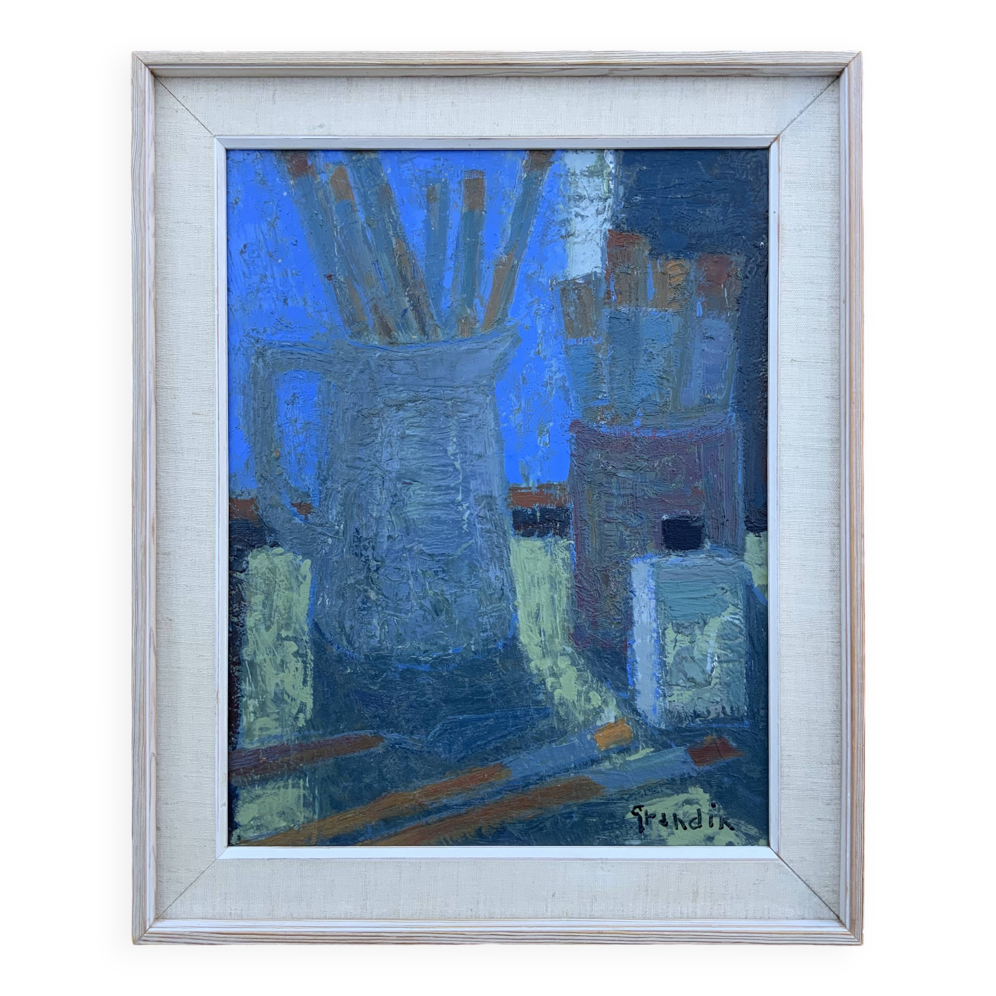 Vintage Modernists Oil Painting Blue Still Life By Svan Grandin Mid 20th Century