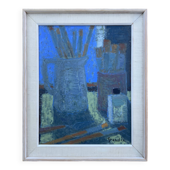 Peinture à l'huile vintage moderniste Nature morte bleue par Svan Grandin milieu du 20e siècle