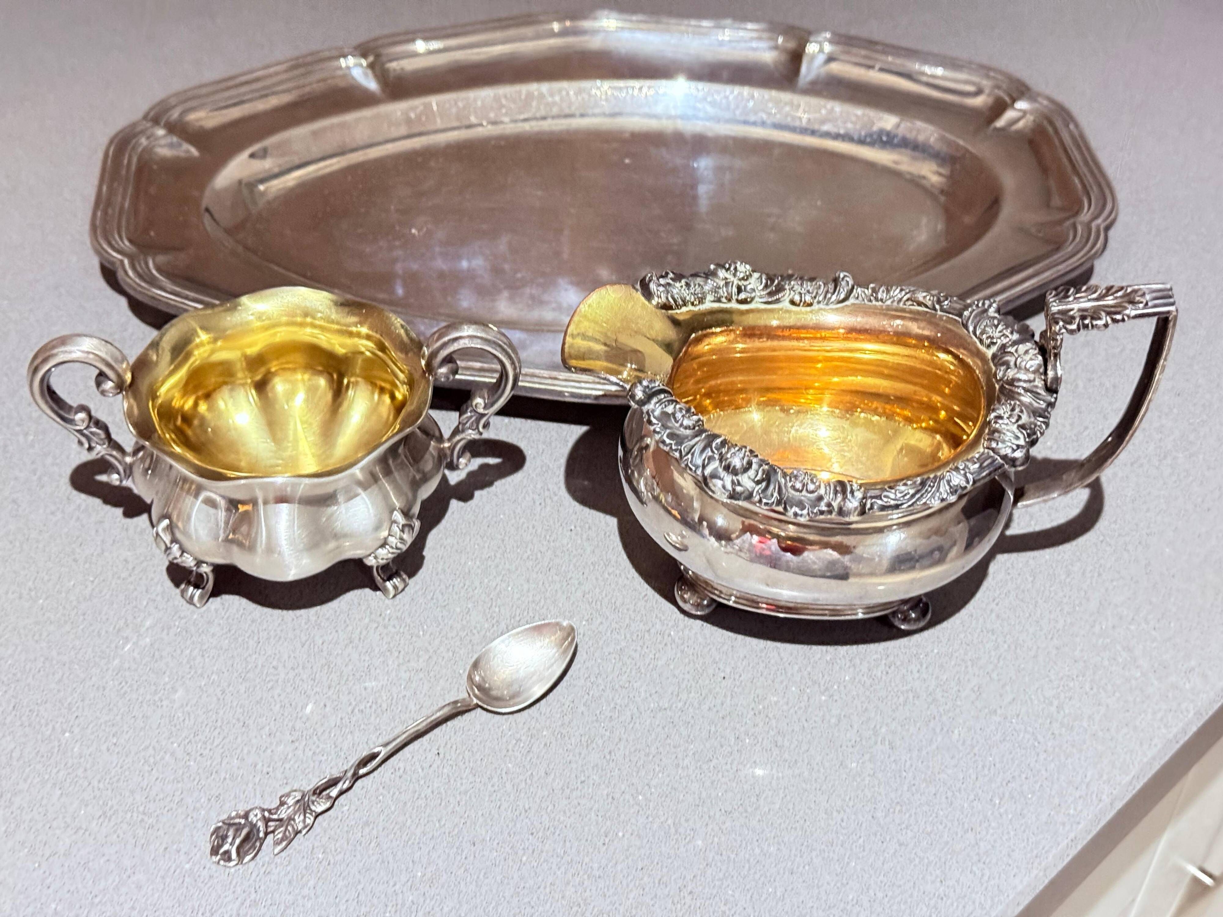 Antique Tea Set 4 Part English Silver Serving Tray, gild Home Decorative Objects