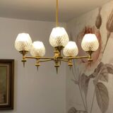 Lustre 5 feux vintage en verre et laiton