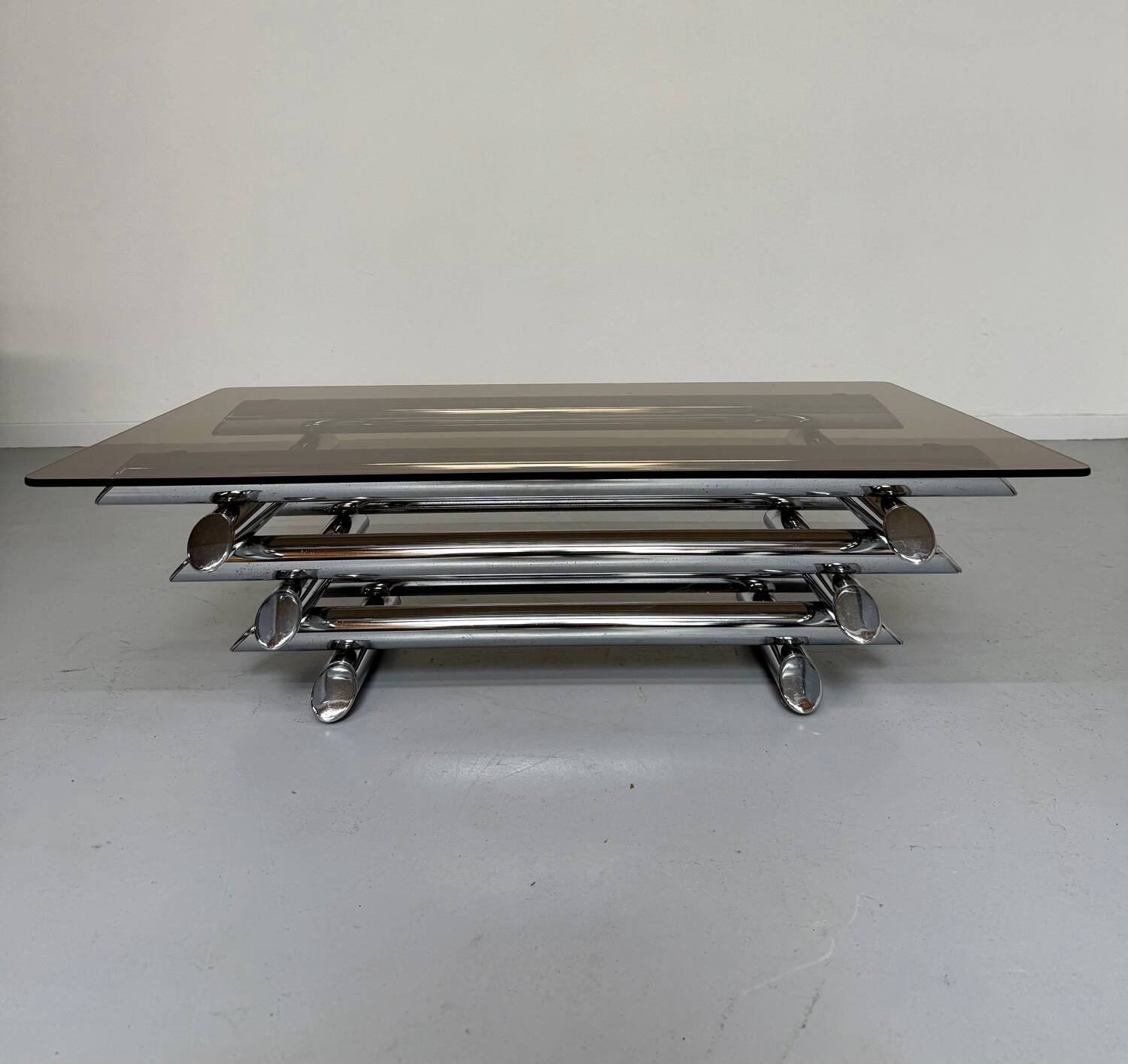 Space coffee table from the 70s, tubular metal and glass, Italian design