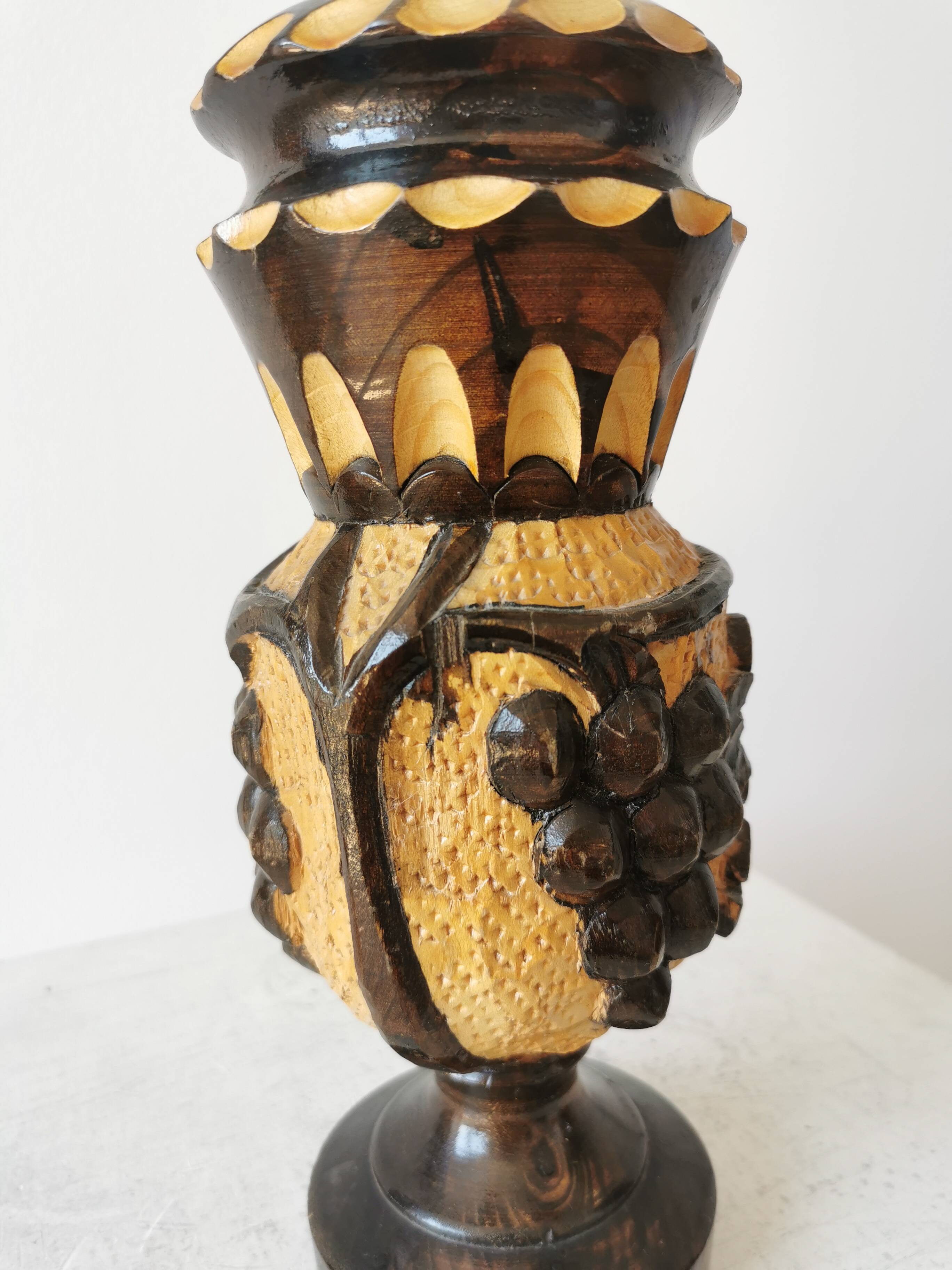 Vintage Hand Carved Wooden Vase: Grapevine Motif, 1970s Yugoslavia