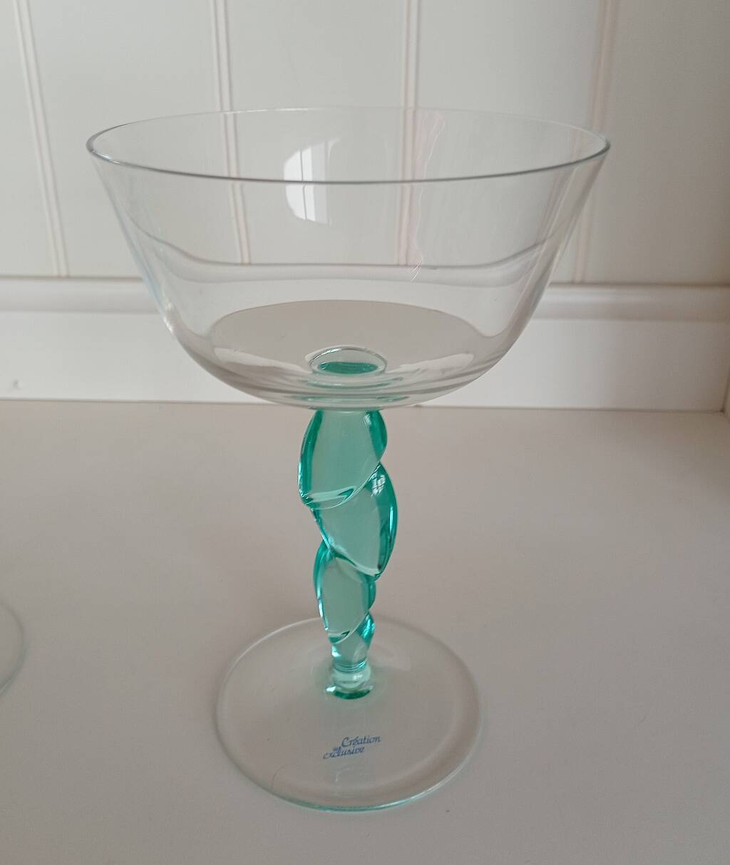 Pair of Vintage Postmodern Crystal Champagne Coupes with Organic Aqua Stems