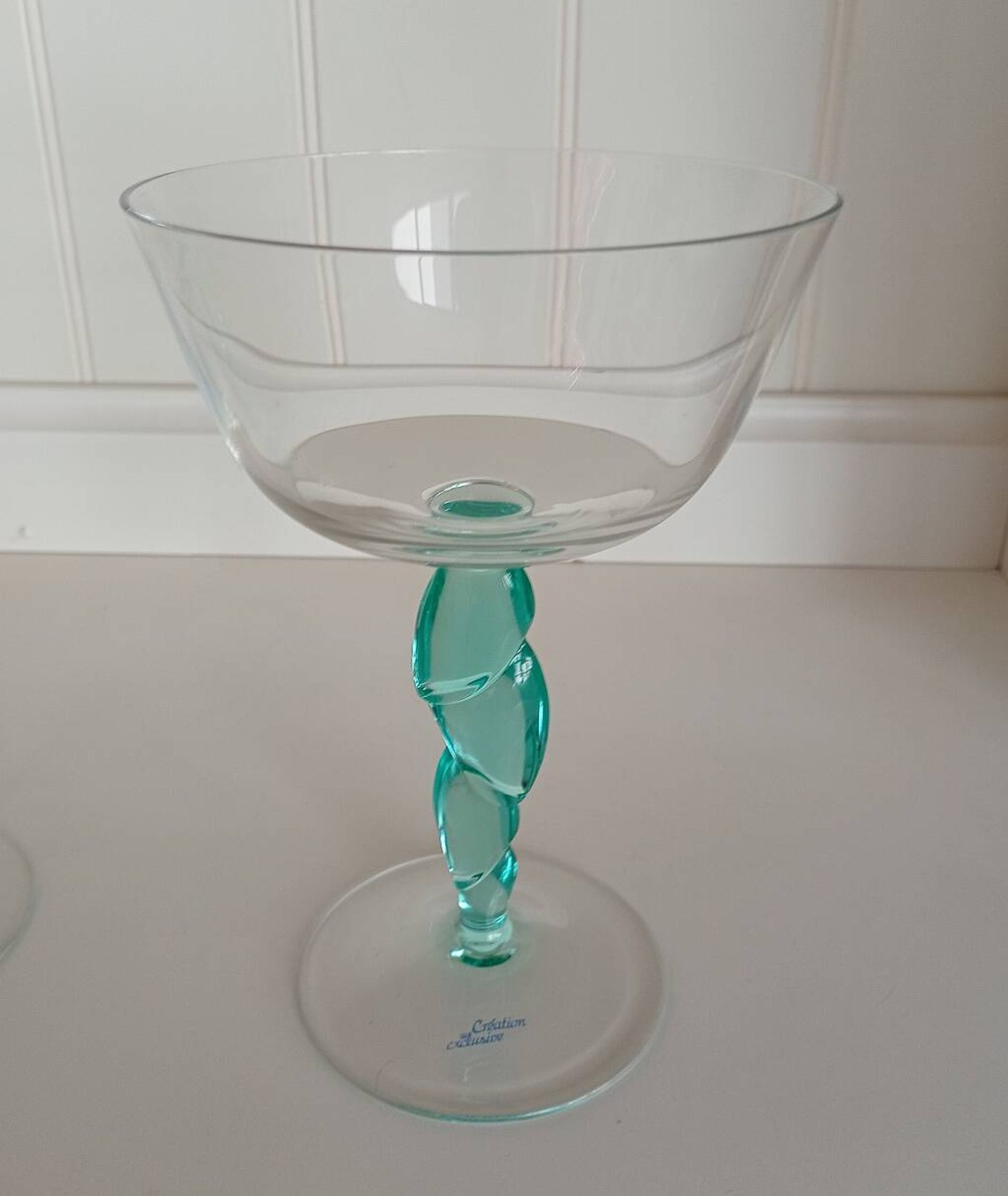 Pair of Vintage Postmodern Crystal Champagne Coupes with Organic Aqua Stems